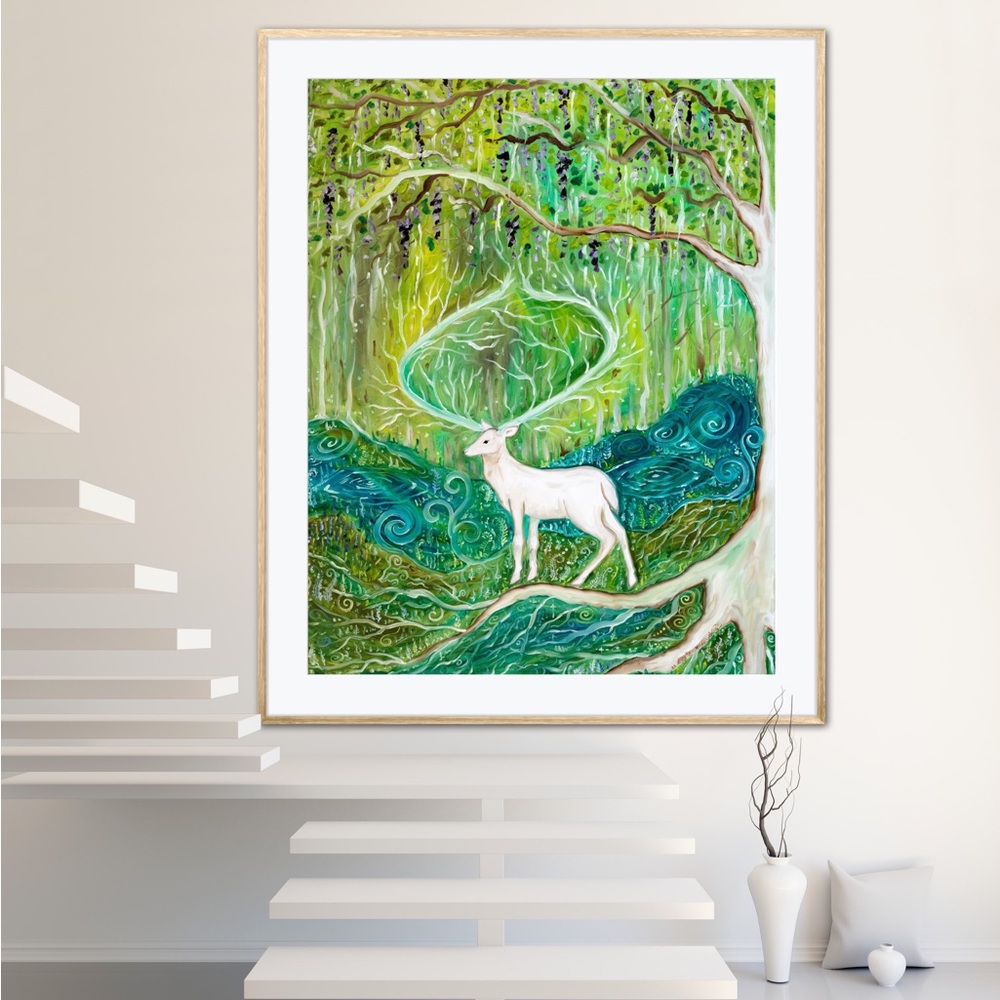 Sacred Stag Healing Forest Art Print Oil Painting whimsical fantasy fairycore - Picture 4 of 7